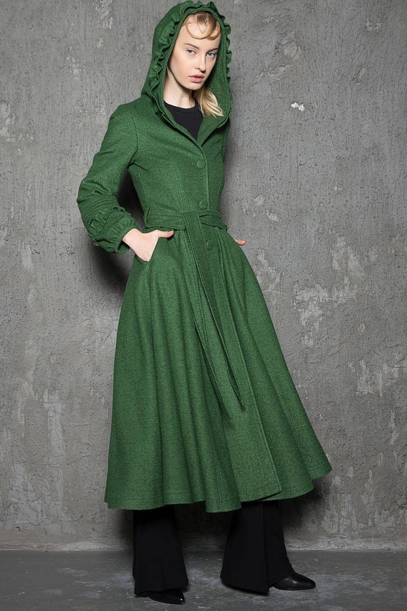 Emerald Green Midi Hooded Wool Coat Long Hooded Coat Fit and | Etsy