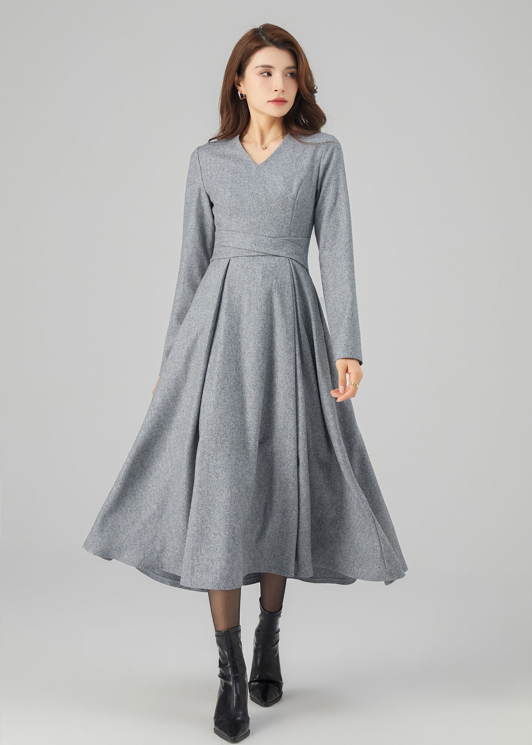 Midi Wool Dress, Winter Wool Dress, Fit and Flare Dress, Gray Wool ...