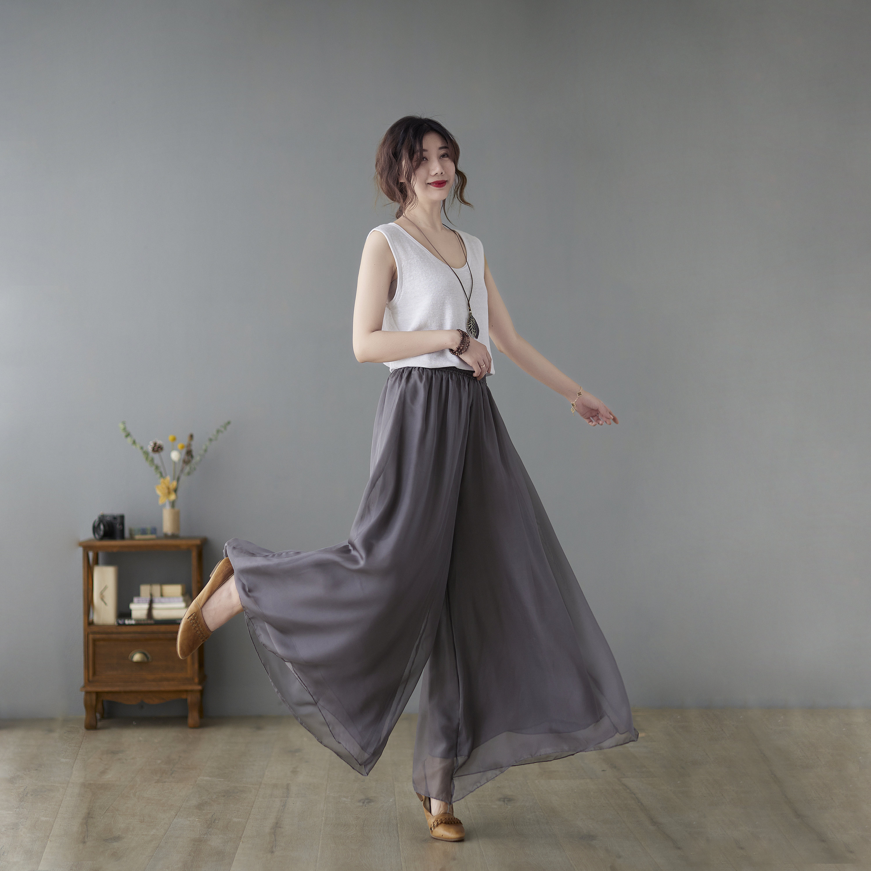 Wide Leg Pants, Summer Maxi Chiffon Pants, Long Gray Chiffon Wide Leg Pants, Summer Maxi Chiffon Pants, Long Gray Chiffon