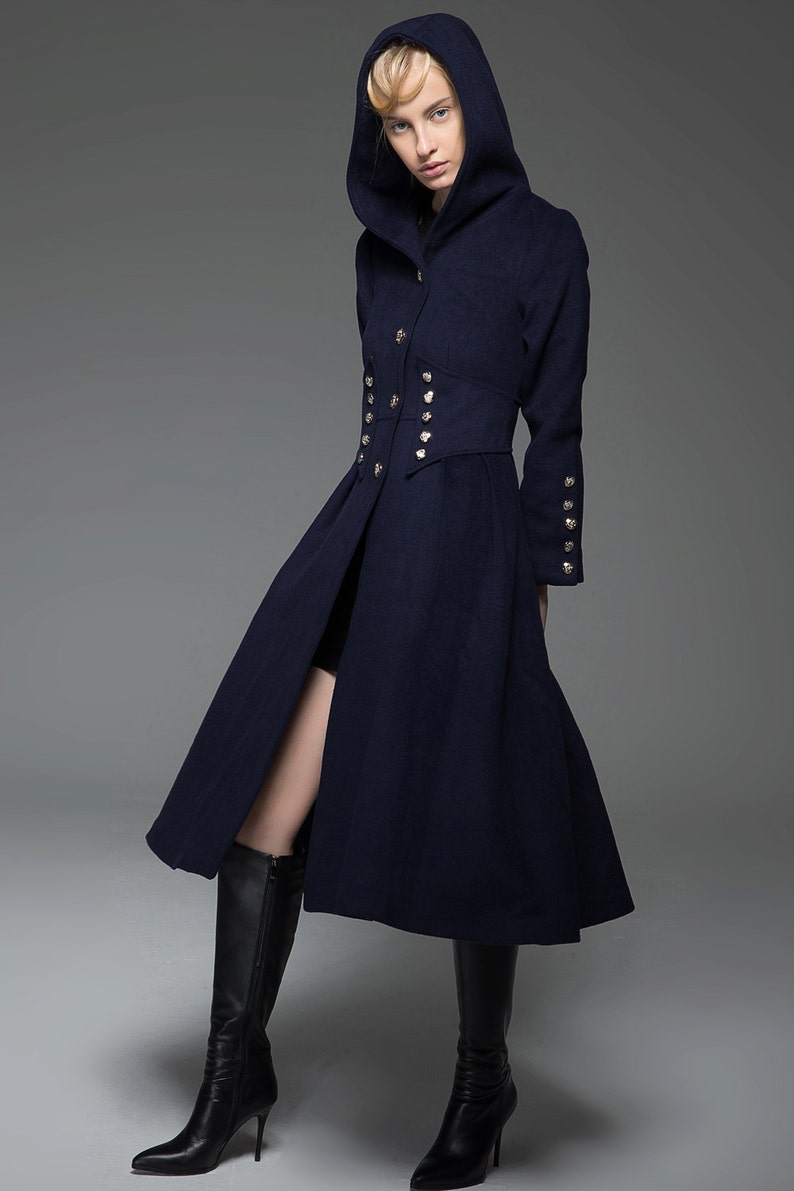 Navy Military Style Coat Long Modern Dark Blue Hooded Winter Etsy