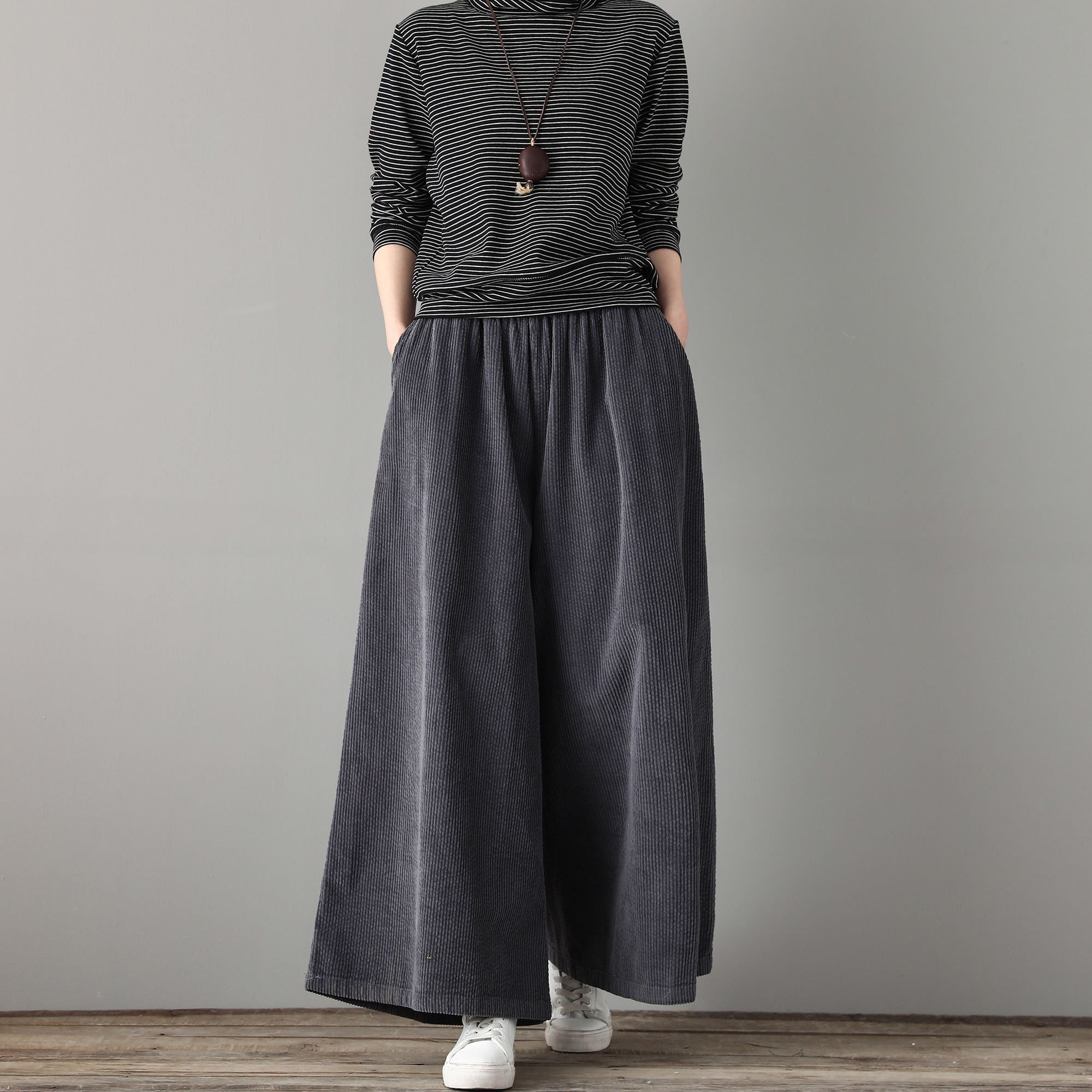 【Anyone more】Madri Gray Long Wide Pants Gray Corduroy Pants, Palazzo Pants Women, Casual Wide Leg