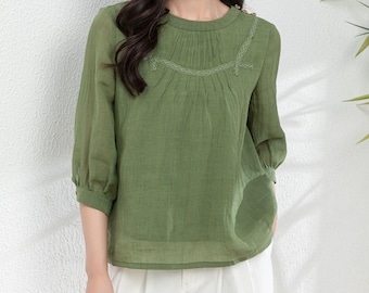 Linen Blouse, Summer Womens Linen Blouse, Green Linen Blouse, Oversized Linen Blouse, Casual Linen Tops, Custom Top, Ylistyle C4981