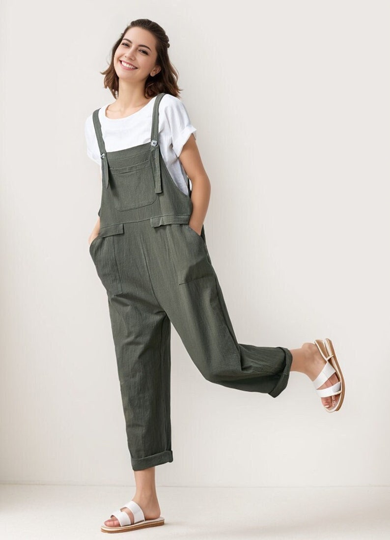 Summer green linen jumpsuit women, Casual Linen dungarees, Linen overalls, cropped leg plus size romper harem jumpsuit with pockets C1697 image 1