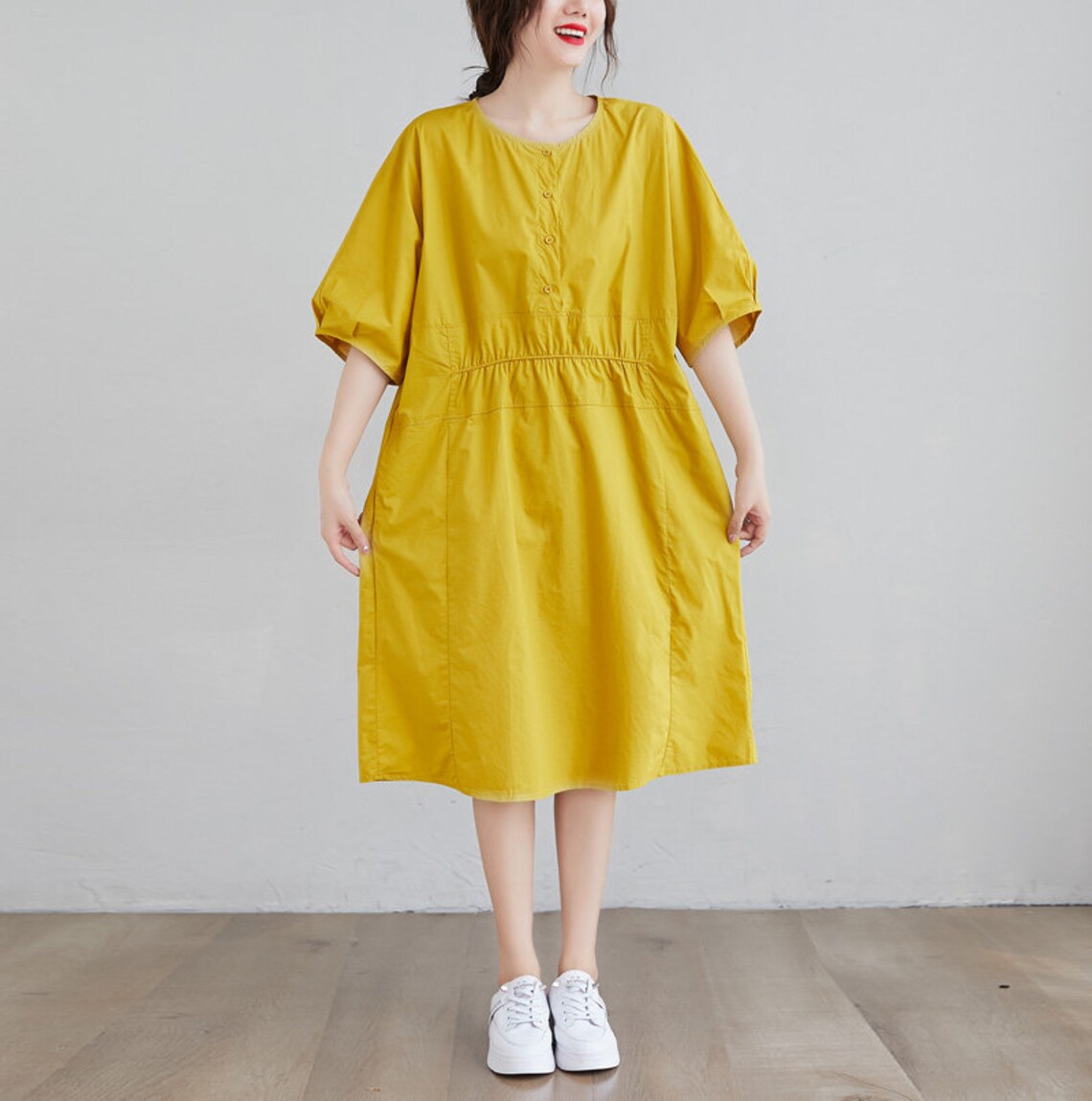 Yellow Cotton Dress with Pockets Short sleeve Casual Loose Etsy