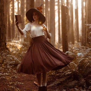 Brown Linen Midi Skirt, Pleated Linen Skirt, Women&#39;s Circle Skirts, Vintage Inspired Linen Skirt with Pockets, Casual Skirt, Ylistyle C1064