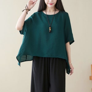 Chic Two-Piece Plus Size Set-Flattering Dark Green Top & Wide-Leg Pants, Spring classic blouse, Asymmetrical Blouse women, Ylistyle C3962