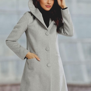 Winter Hooded Wool Coat, Gray Wool Jacket, Womens Coats, Warm Jackets, Casual Coat, Mod Clothing, Handmade Coat, Ylistyle C4955