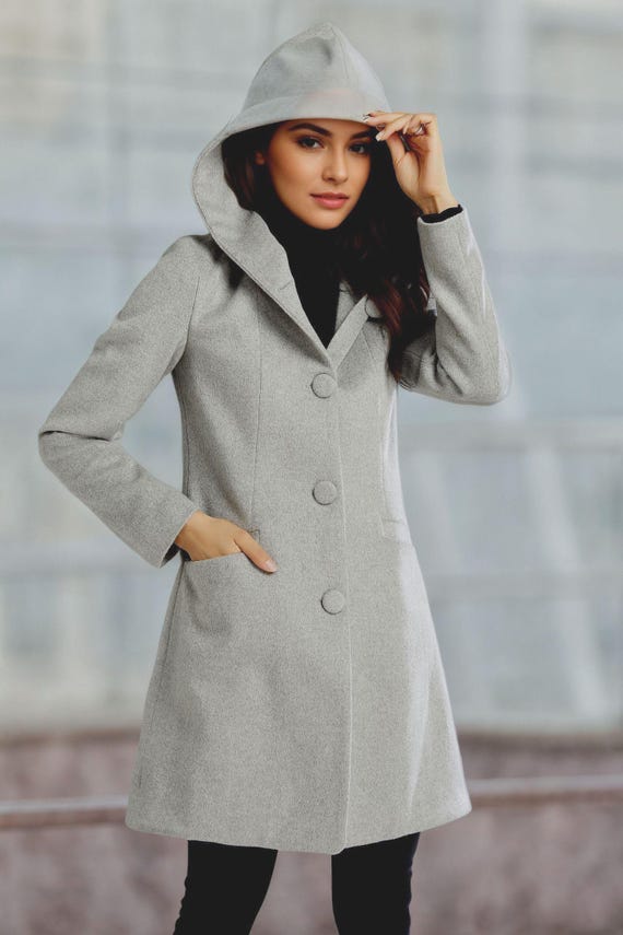 Hooded Wool Coat, Gray Handmade Jacket, Mod Style, Ylistyle C4955