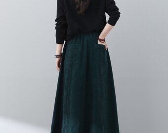 Womens Green Corduroy Skirt, Midi Corduroy Skirt, Casual Plus Size