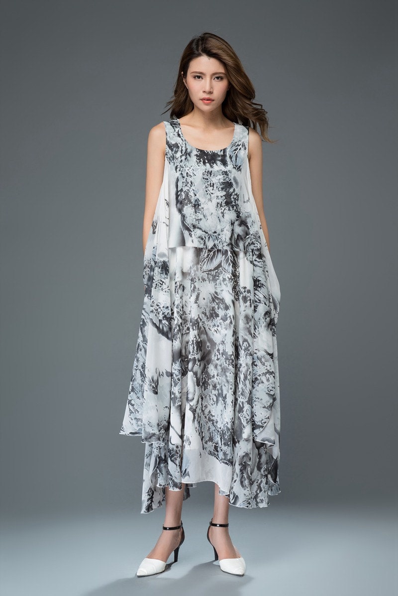 Gray chiffon dress layered dress summer dress black print | Etsy
