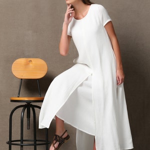 Short Sleeve White Maxi Linen Dress for Women, Summer Cotton Linen ...