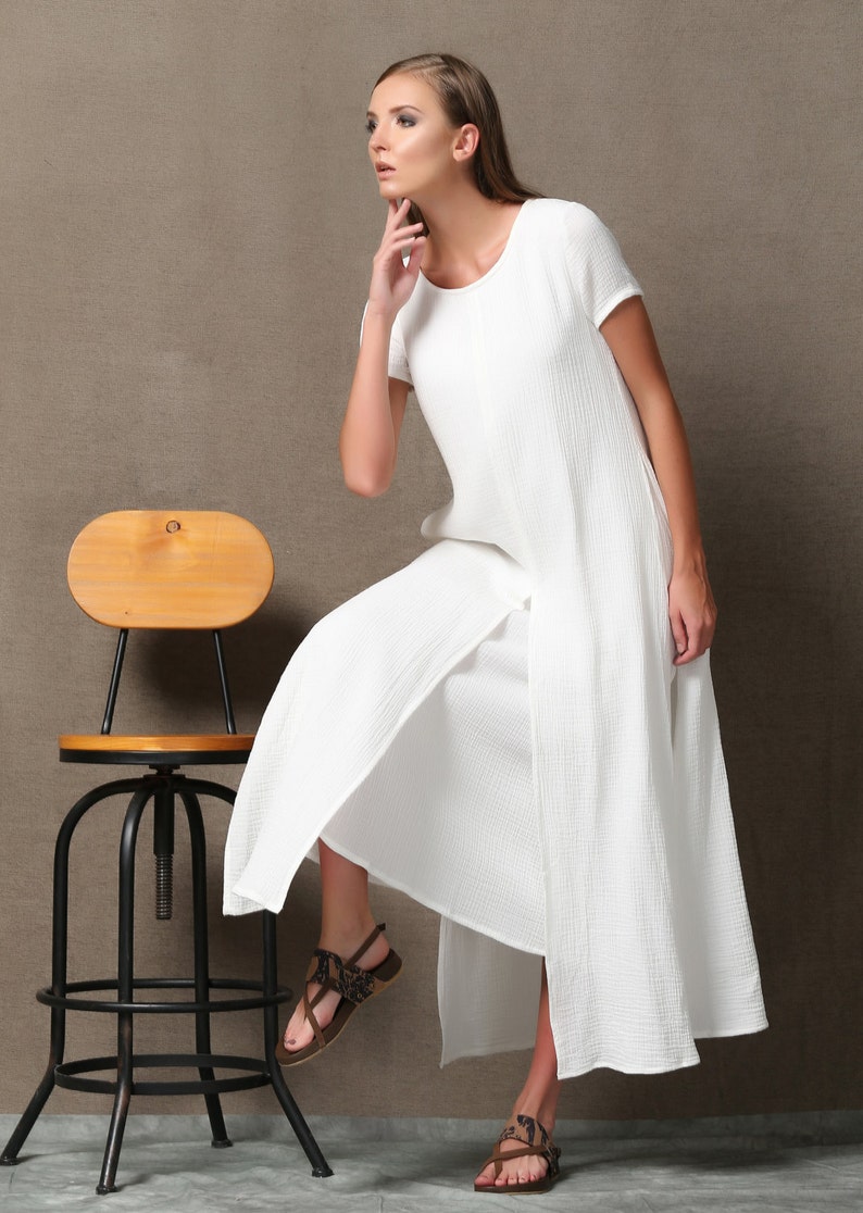 Short sleeve White maxi linen dress for women, summer cotton linen solid casual side slit ankle dress with pockets plus size C534 image 3
