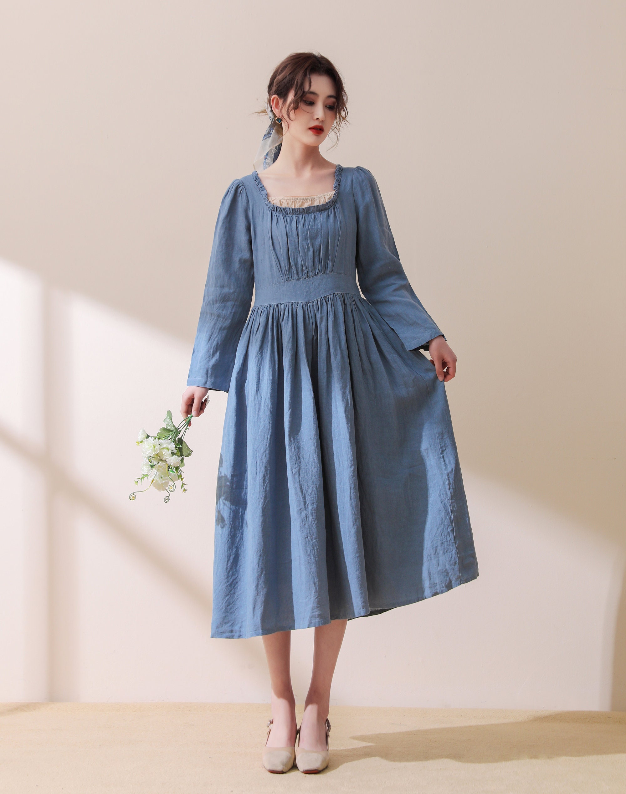 Blue Linen Midi Dresses Vintage Inspired Linen Dress Elegant | Etsy ...