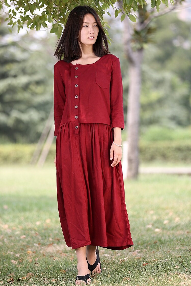 Red linen dress linen dress long linen dress women dress Etsy