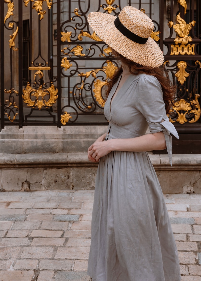 Linen Dress, Deep V neck Linen party Dress, Linen midi dress, button front dress, Womens Linen dress, Customized Linen dress, Ylistyle C2914 image 3