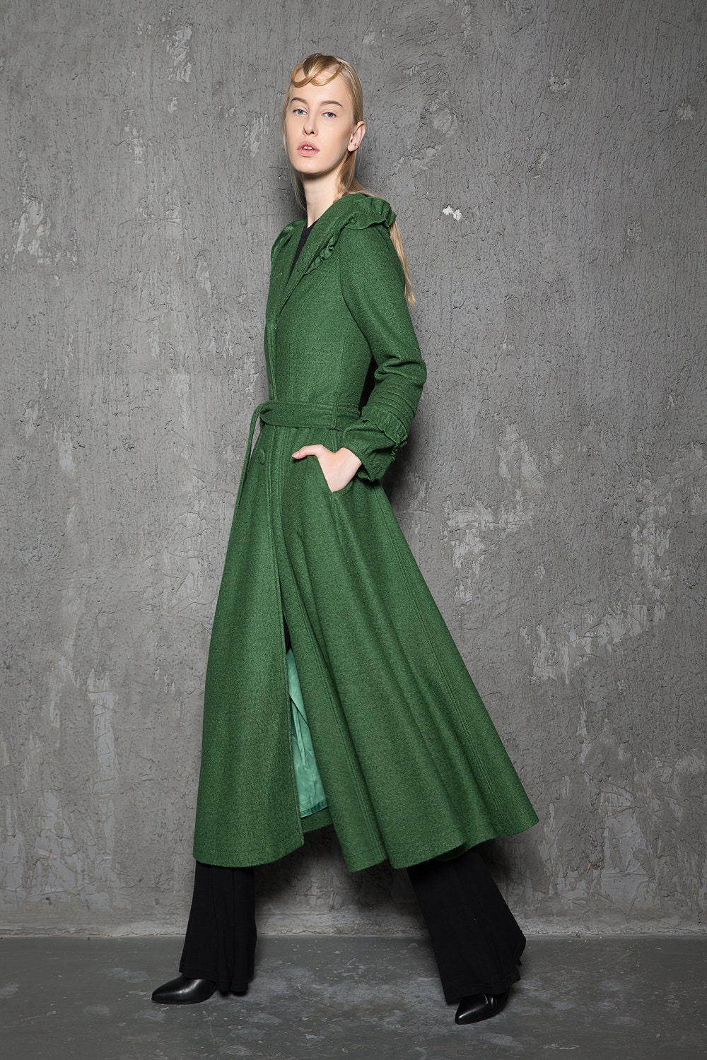 Emerald Green Midi Hooded Wool Coat Long Hooded Coat Fit and Etsy