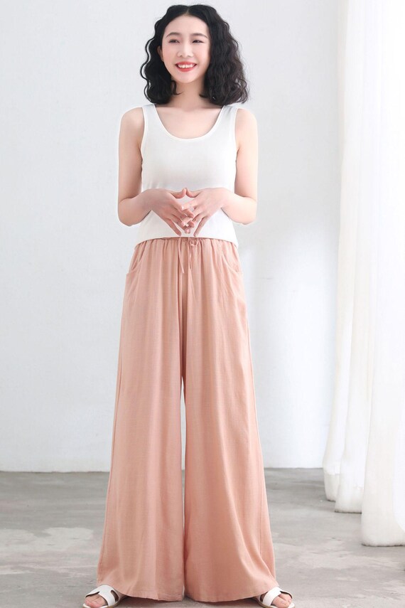 Plus Size Linen Pants, Women's Summer Pink Linen Trousers, Wide