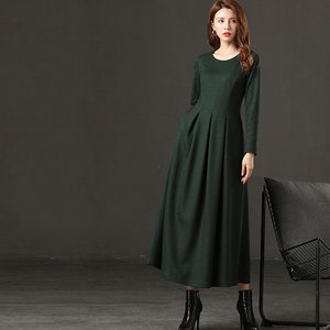 Long Sleeve Wool Dress Dark Green Wool Dress Winter Dress - Etsy