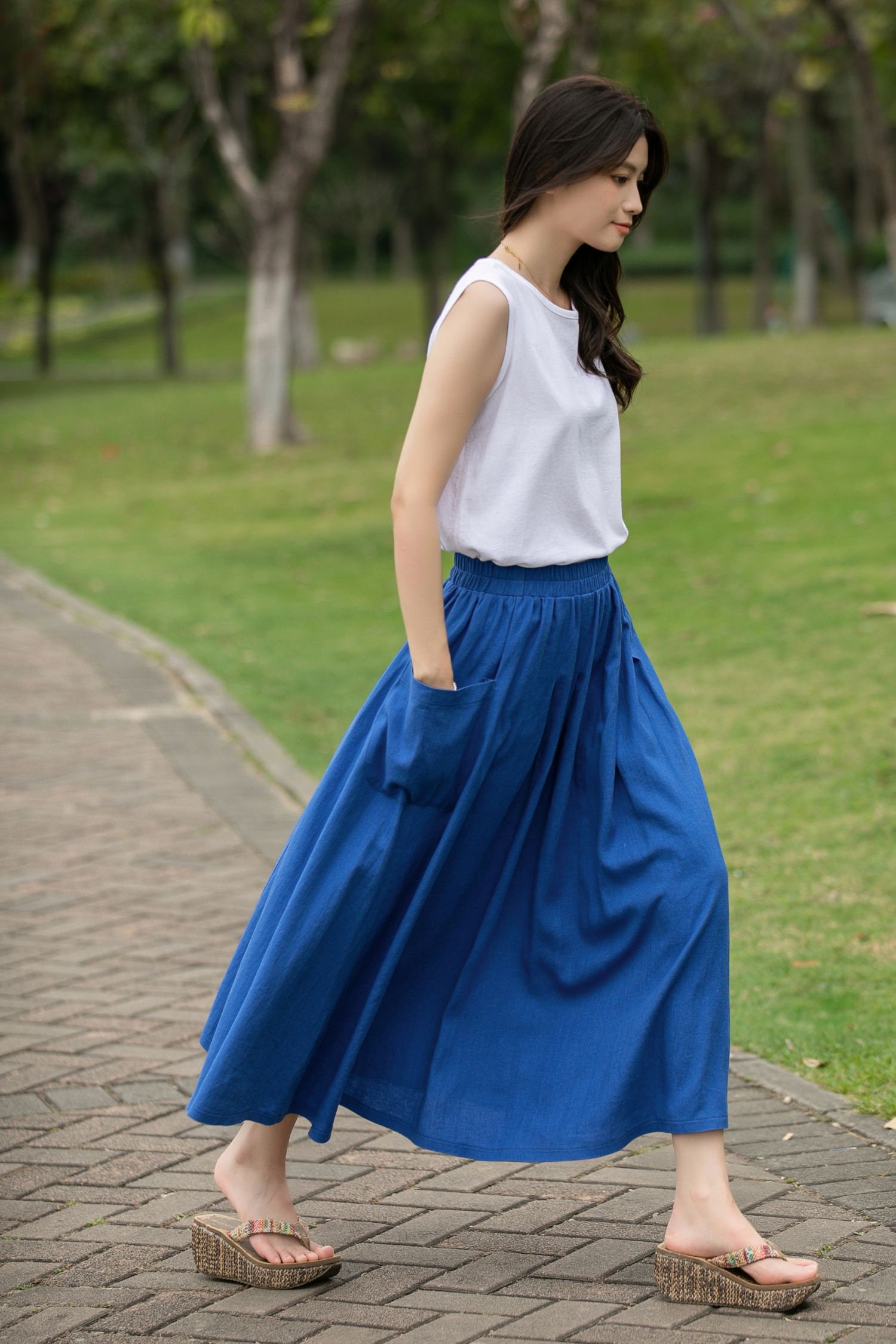 yu@happy⭐️argue FRENCH LINEN SKIRT Linen Skirt, A-line Skirt, Casual Loose Skirt With Pockets