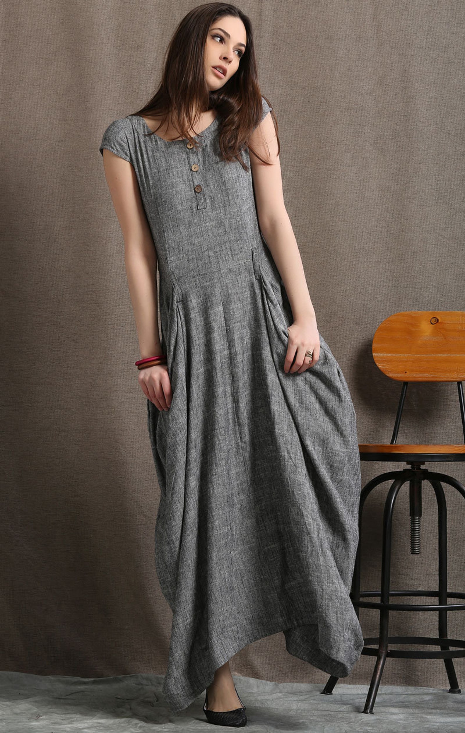 Gray Linen Dress Long Maxi Boho Style Short Sleeved Shift | Etsy