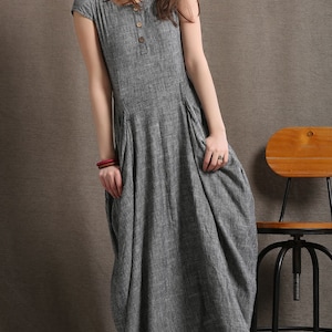 Gray Linen Dress Long Maxi Dress Short Sleeves Shift Dress - Etsy
