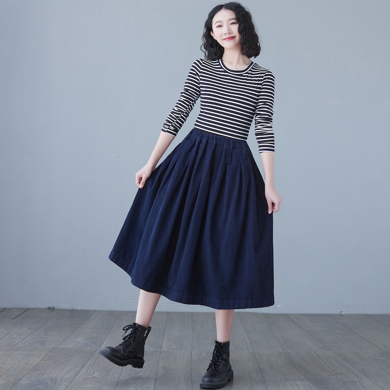 Blue Corduroy Skirt, Midi skirt, High Elastic Waist Skirt, Plus Size Skirt, Pleated Skirt with Pocket, Spring fall Skirt, Causal Skirt C2617 image 3