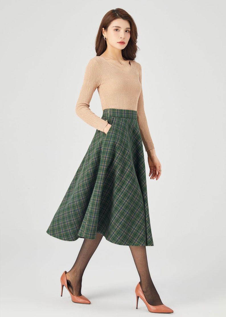 Plaid Wool Skirt, Midi Wool Skirt, A line Skirt, Winter Skirt Women, Swing Skirt, Skirt with Pockets, Handmade skirt, Ylistyle C3686 image 3