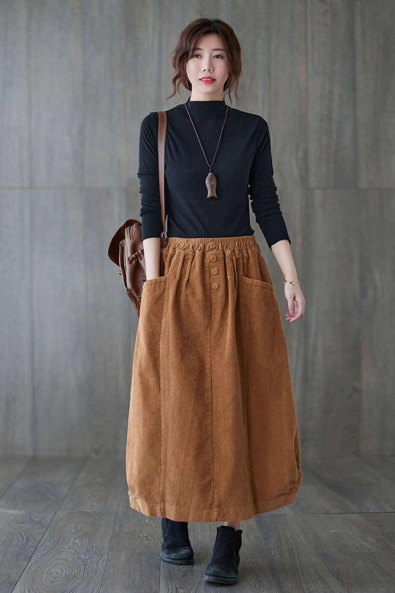 Brown Corduroy Skirt, Maxi Corduroy skirt, Autumn winter Corduroy Skirt, Casual Corduroy Skirt, Plus size Corduroy Skirt with Pockets C1820 image 5