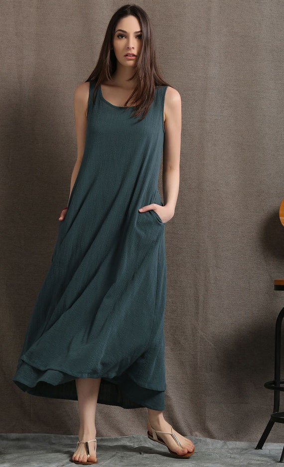 Layered Linen Maxi Dress Long Sage Green Casual Everyday | Etsy