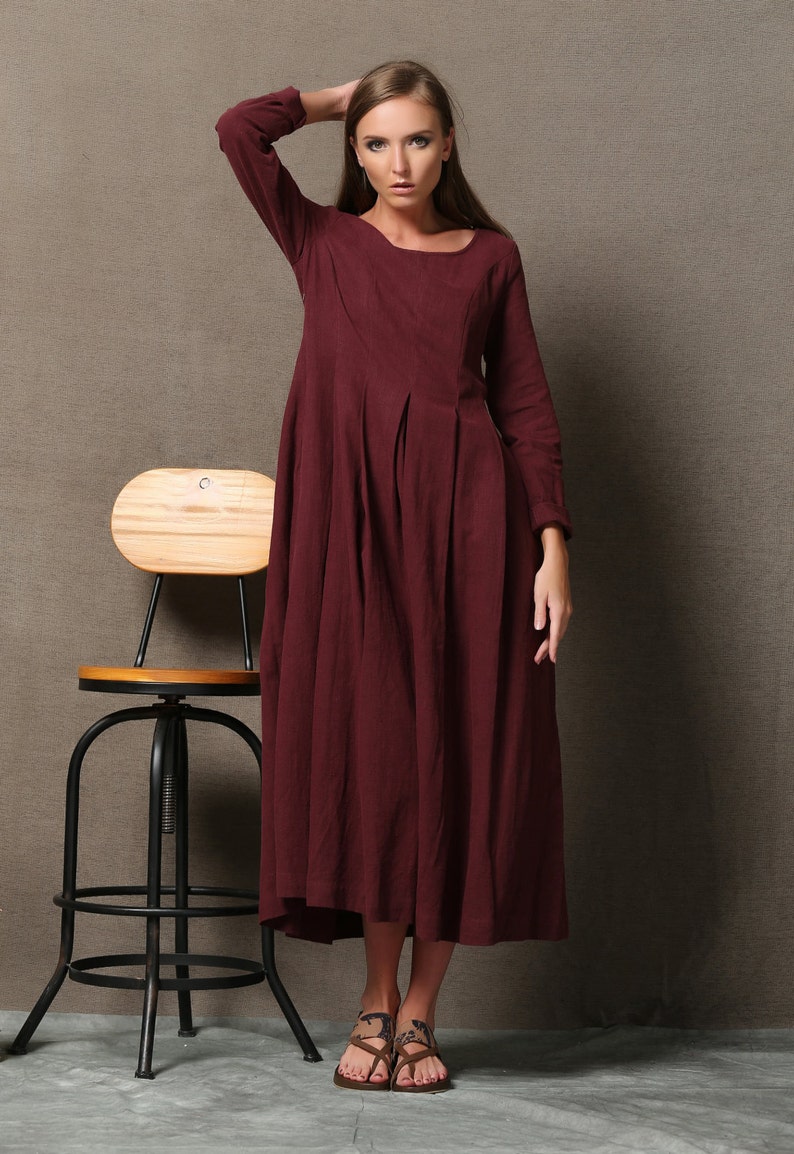 Burgundy Linen Dress Semi-Fitted Long Maxi Plus Size | Etsy
