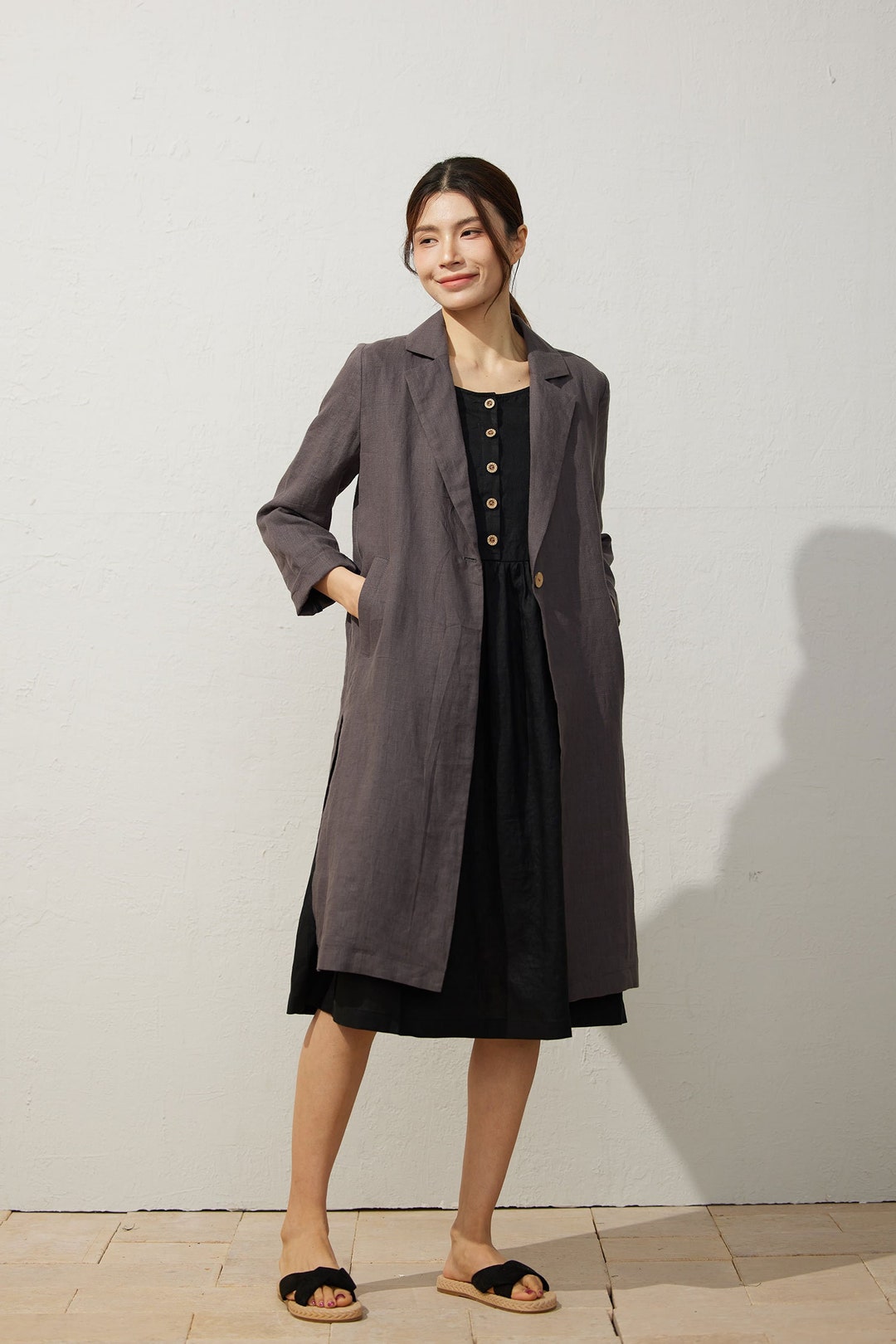 未使用品　rehellinen　linen wool long jacket Quilted Linen Jacket, Long Padded Coat With Pockets, Warm