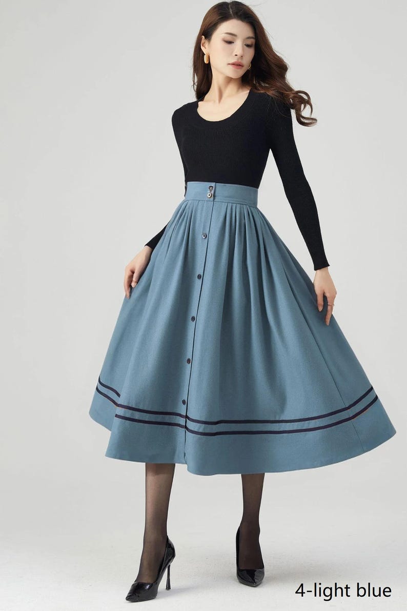 Wool Skirt Women, Midi Skirt, Button down Wool Skirt, High Waisted Skirt, Winter Warm Skirt, Swing Skirt, Handmade skirt, Ylistyle C3552 C4-light blue