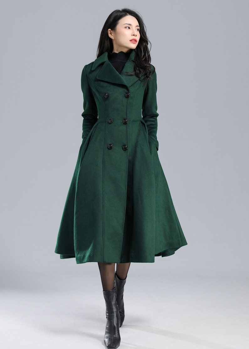 Wool coat, Green Long Wool Coat Women, Princess Coat, Swing Coat, Winter Trench Coat, Fit and Flare Coat, Double Breasted wool Coat C2469 image 3