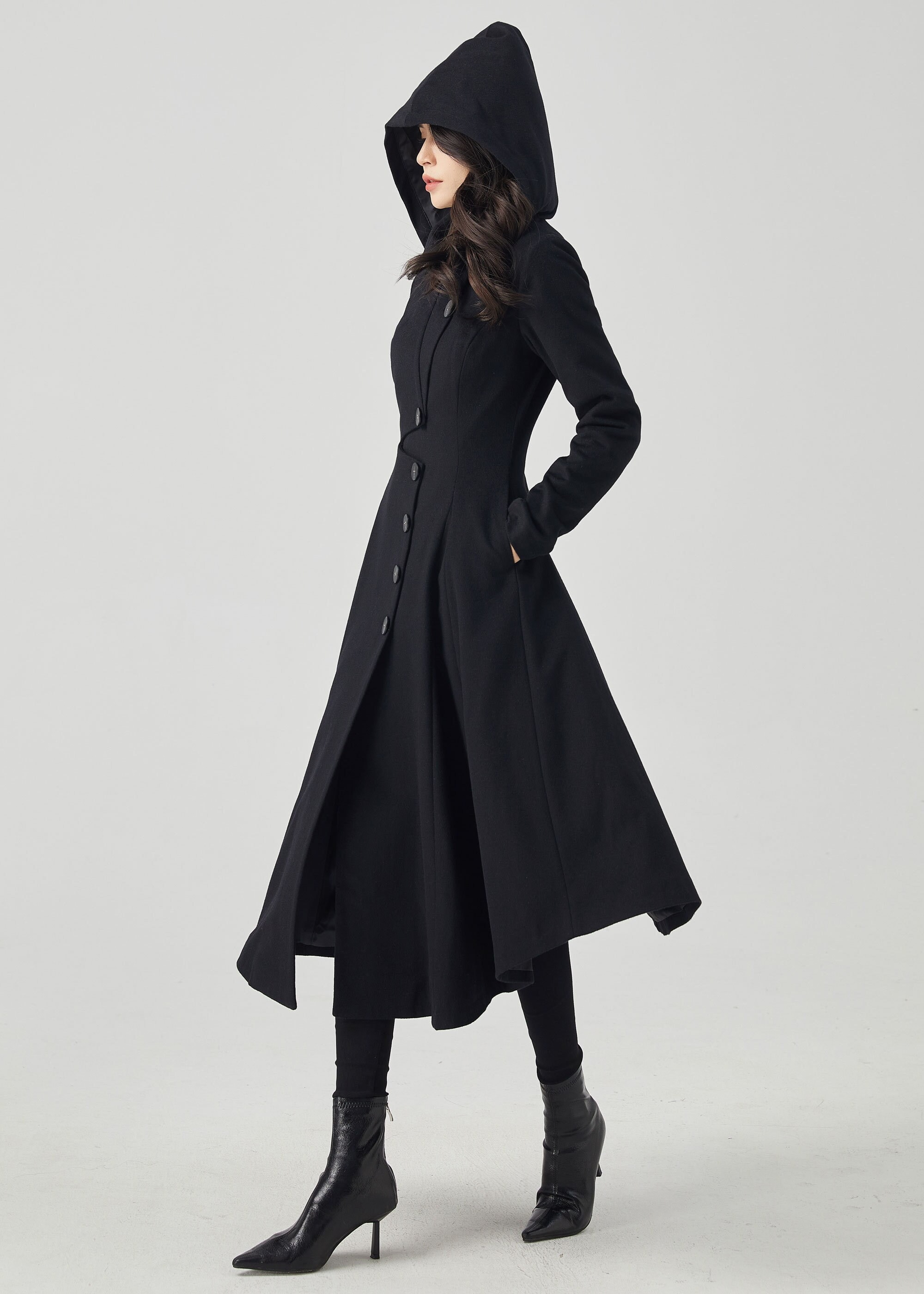 Black Wool Coat, Long Wool Coat, Hooded Wool Coat, Trench Black Wool Coat, Long Wool Coat, Hooded Wool Coat, Trench