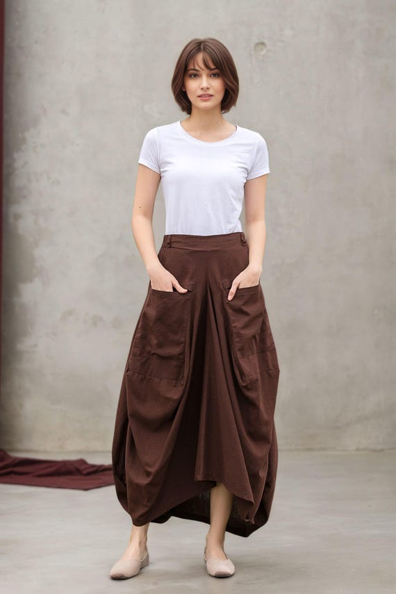 Brown Linen Maxi Skirt: Asymmetrical Long Skirt With Pockets