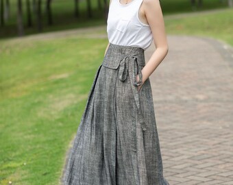 Linen Wrap Skirt, Grey Linen Maxi Skirt, Swing Linen Skirt