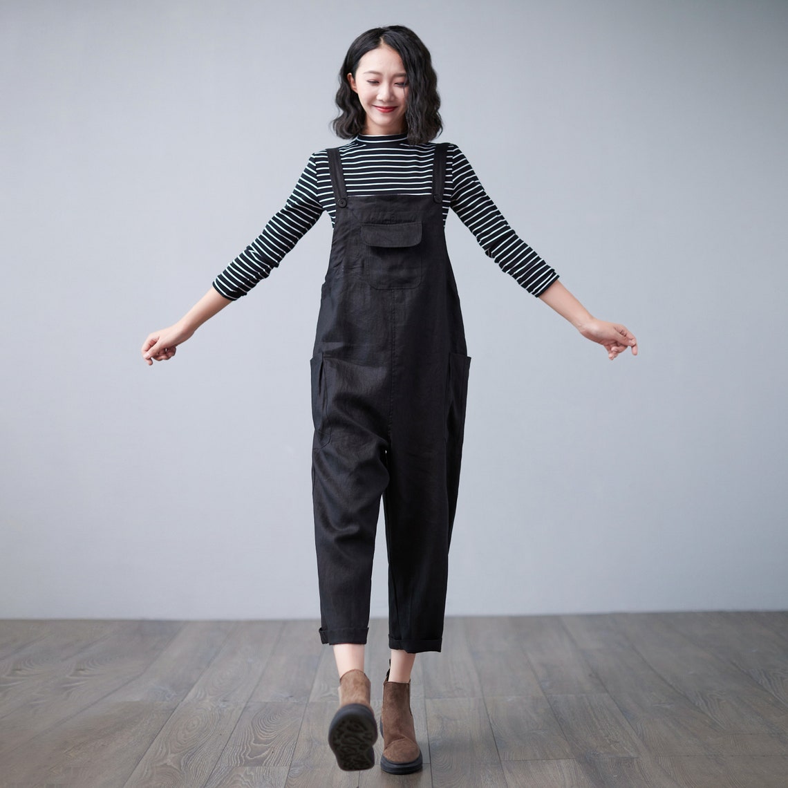 Black Linen Overalls Women Plus Size Overalls Linen Etsy