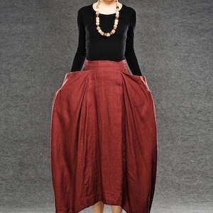 Linen skirt, Red Linen Maxi Skirt, Long Length with Asymmetrical Hemline, Ruched Detail and Deep Side Pocket Fall Autumn/Winter Fashion C050 image 2