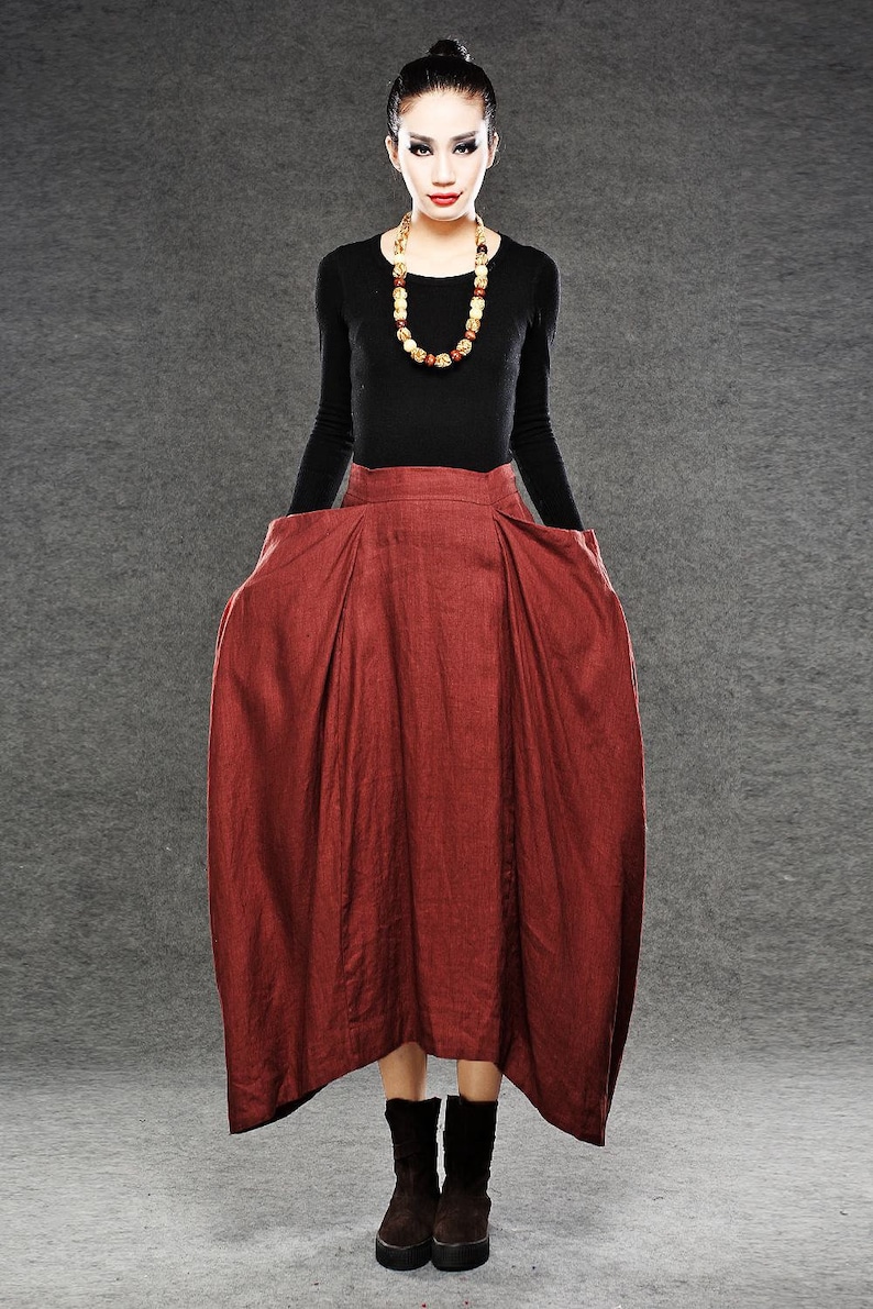 Linen skirt, Red Linen Maxi Skirt, Long Length with Asymmetrical Hemline, Ruched Detail and Deep Side Pocket Fall Autumn/Winter Fashion C050 image 2