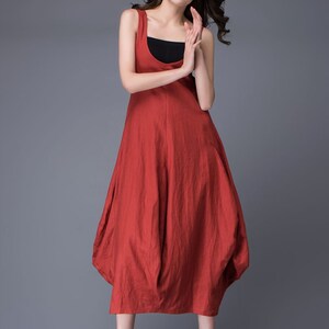 Red Linen Dress, Summer dress, Free-Style Casual Loose-Fitting Tulip-Shaped Everyday Modern Contemporary Unique Designer Dress C888 image 6