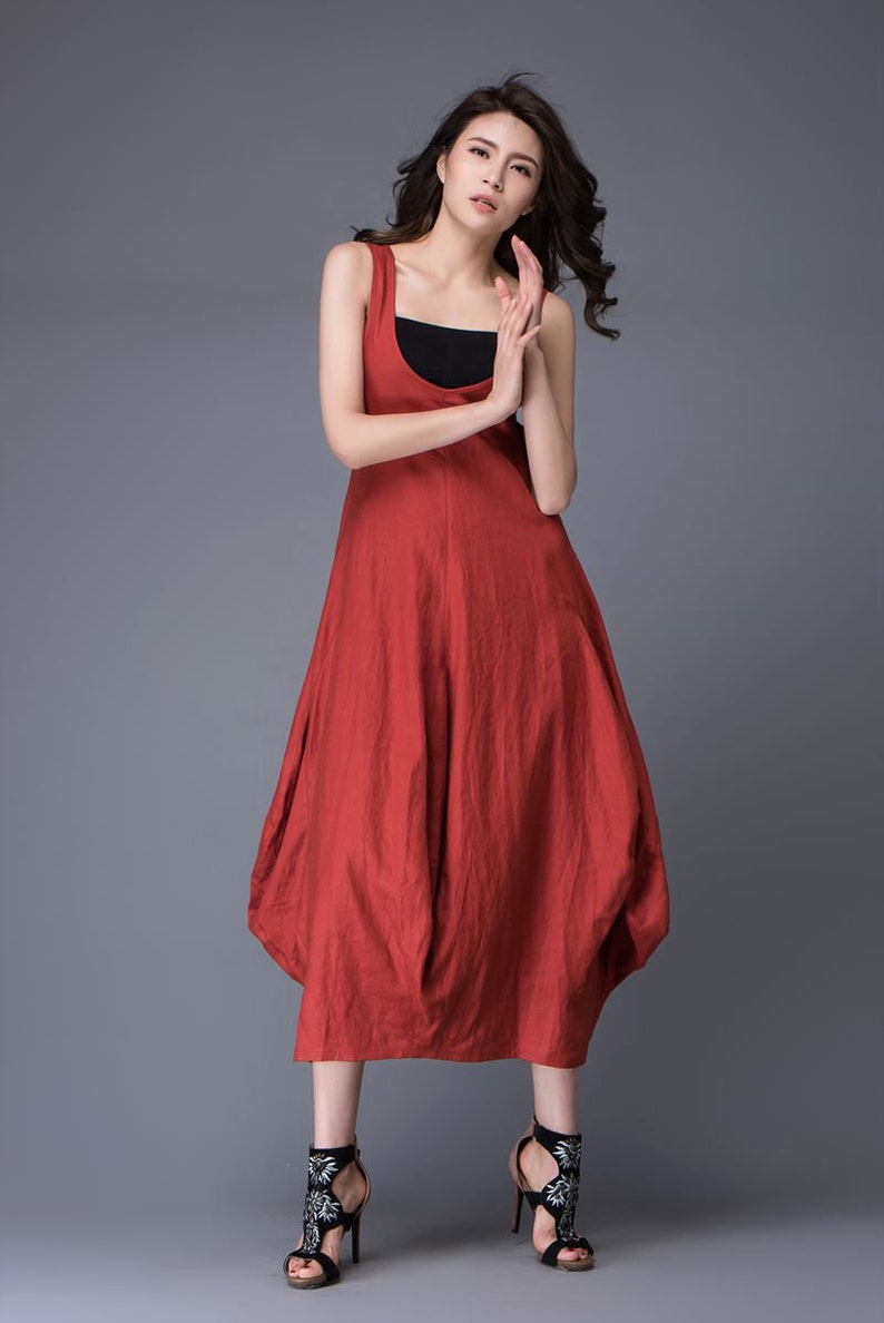 Red Linen Dress, Summer dress, Free-Style Casual Loose-Fitting Tulip-Shaped Everyday Modern Contemporary Unique Designer Dress C888 image 6