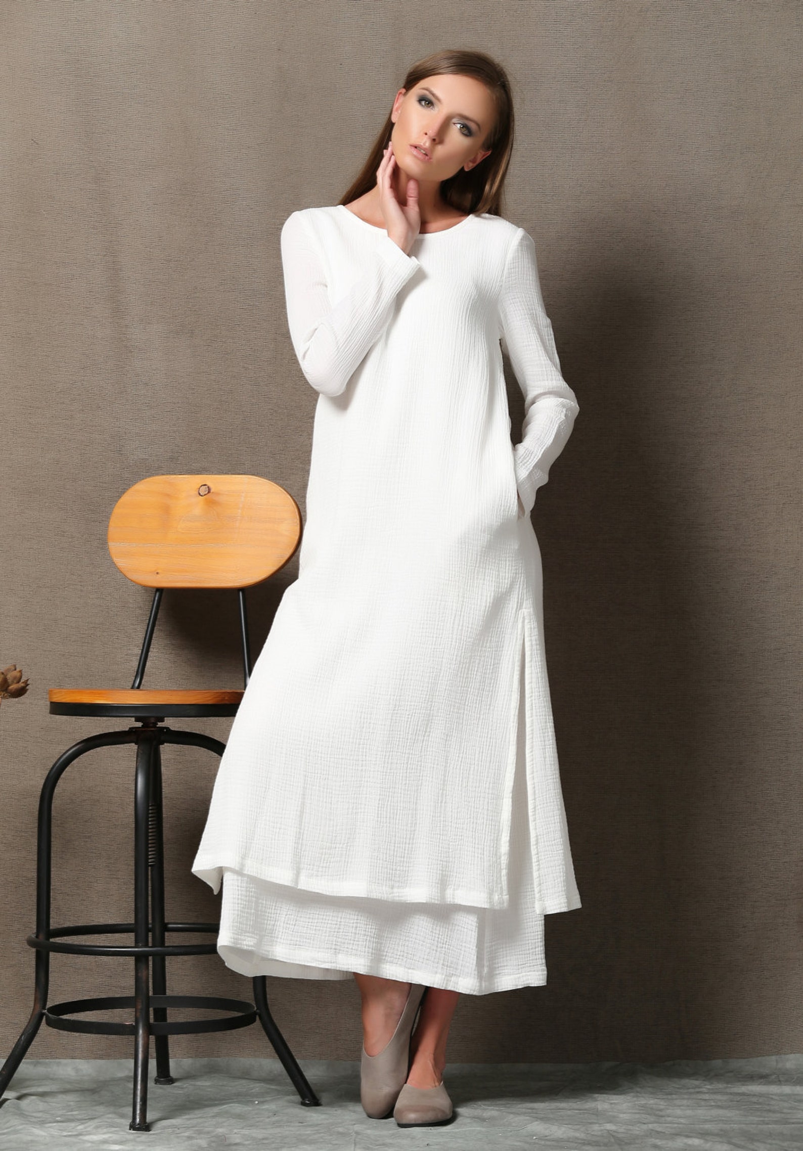 White dress women cotton dress with pockets casual dress Etsy