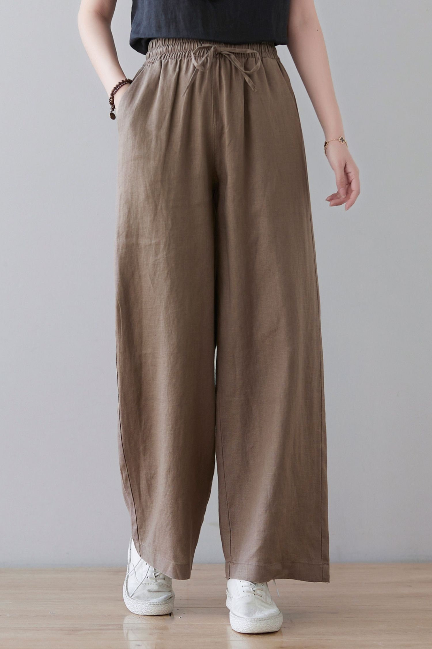 Linen Pants Women Solid Elastic Pants Long Drawstring Linen
