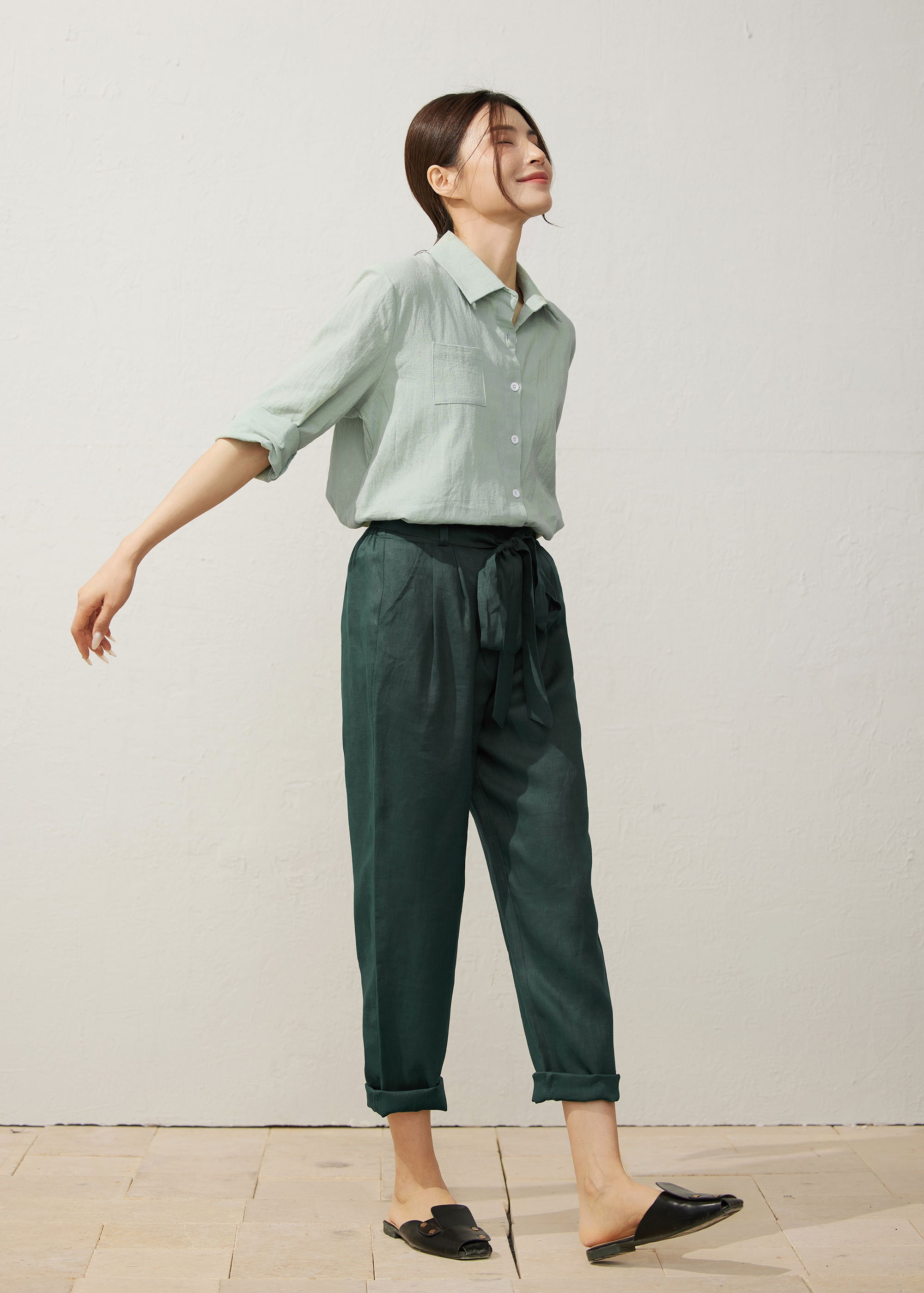 Green Linen Pants, Casual Pants Women, Long Linen Pants, Tapered