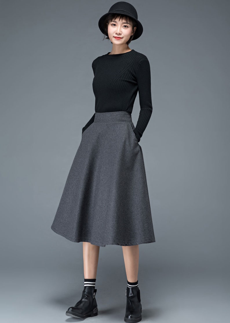 Wool skirt, Wool midi skirt, flare skirt, Swing A line skirt, women skirts winter, Elastic waist skirt, Gray wool skirt, Ylityle C1193 image 3