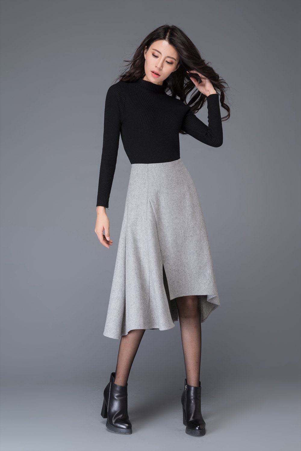 Winter Wool Skirt, Gray Wool Skirts, Wool Midi Skirt, Womens