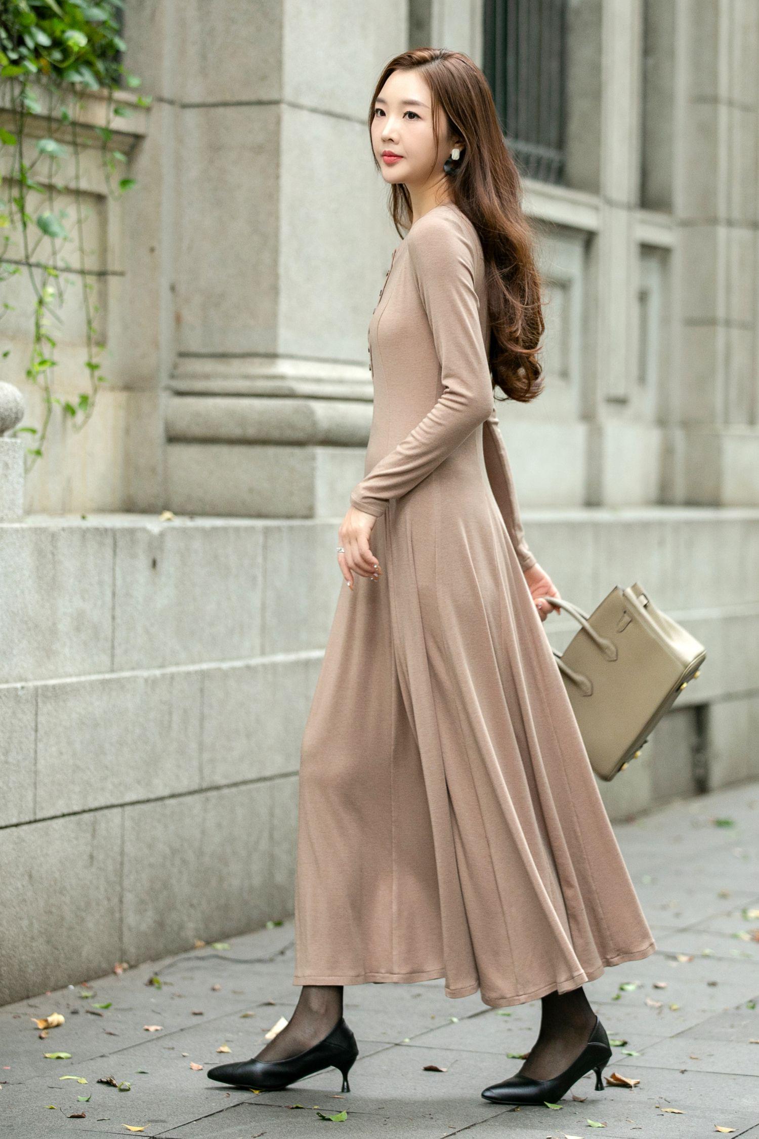 Knit A-line Long Dress, Wool-free Knit Dress, Camel Knit Dress