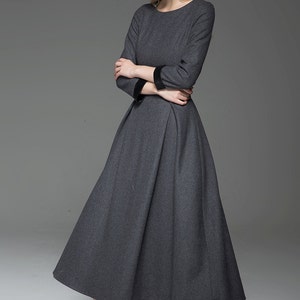 Wool Dress, Womens Long wool dress, Classic Long Fitted Tailored Warm Winter Dress with Long Sleeves Round Neck & Black Leather Cuffs C780 image 7