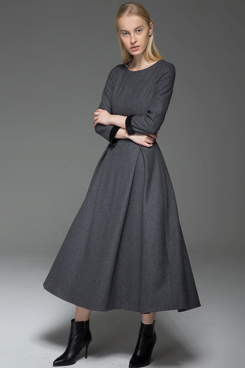 Wool Dress, Womens Long wool dress, Classic Long Fitted Tailored Warm Winter Dress with Long Sleeves Round Neck & Black Leather Cuffs C780 image 7