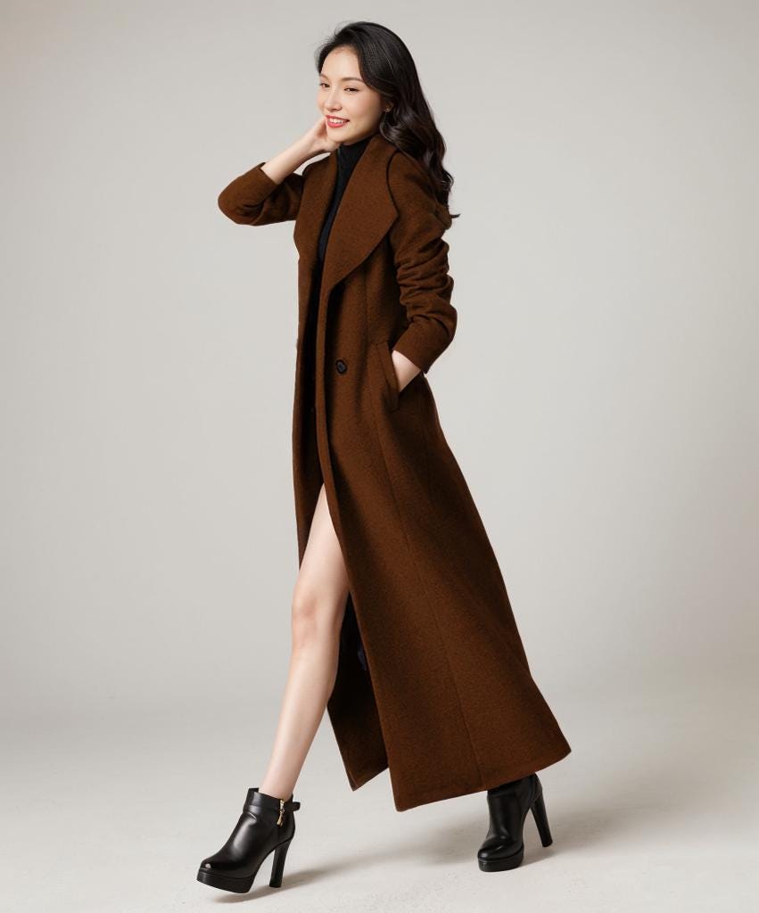 Long Wool Coat Women, Brown Wool Trench Coat, Double